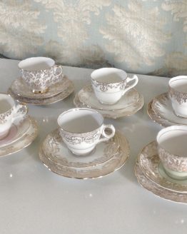white and gold chintz teacup trio hire